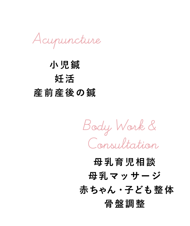 小児鍼、妊活、産前産後の鍼、母乳育児相談、母乳マッサージ、赤ちゃん・小ども整体、母盤調整